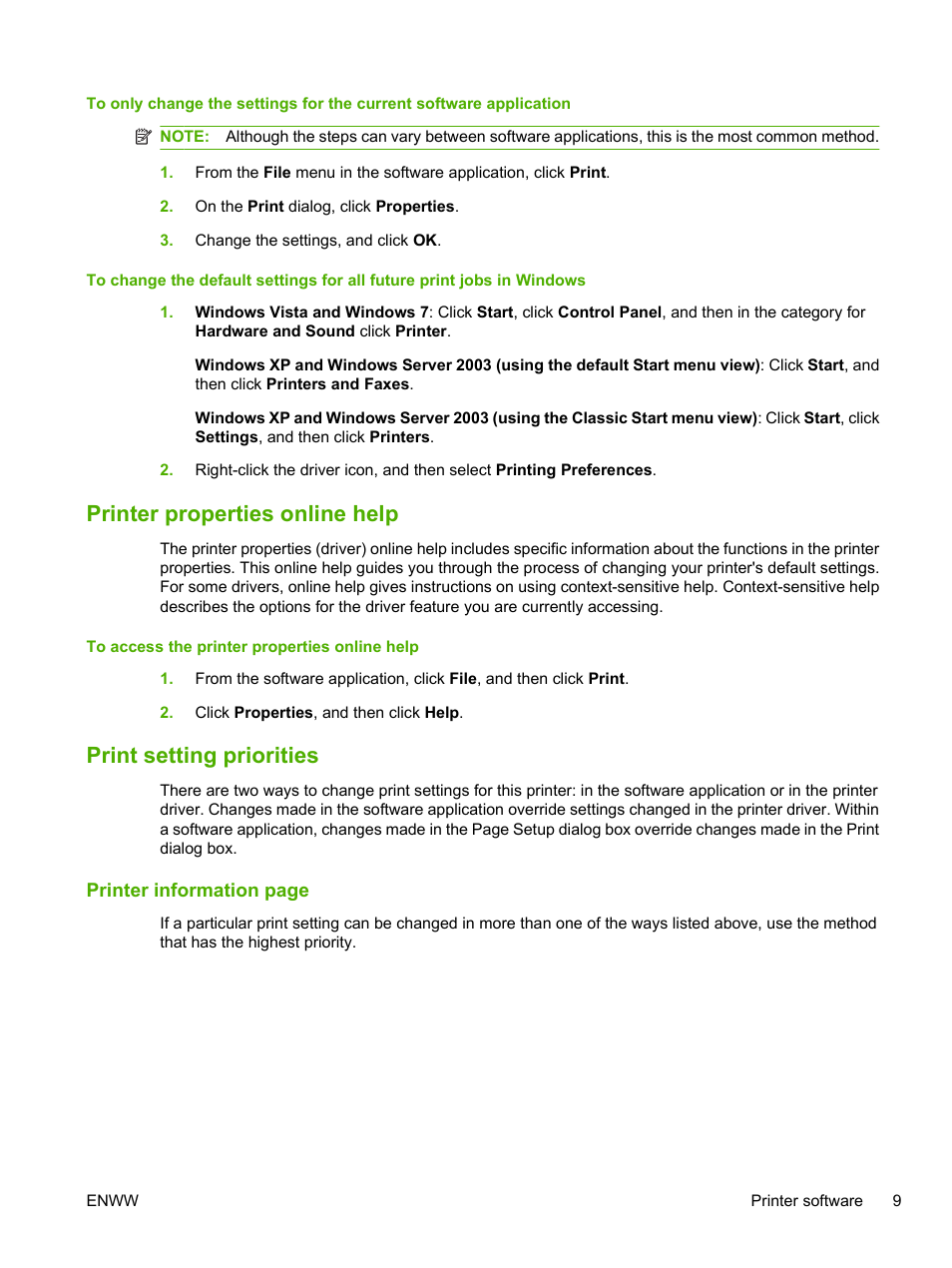 Printer properties online help, Print setting priorities | HP LaserJet 1020 Plus Printer User Manual | Page 19 / 114