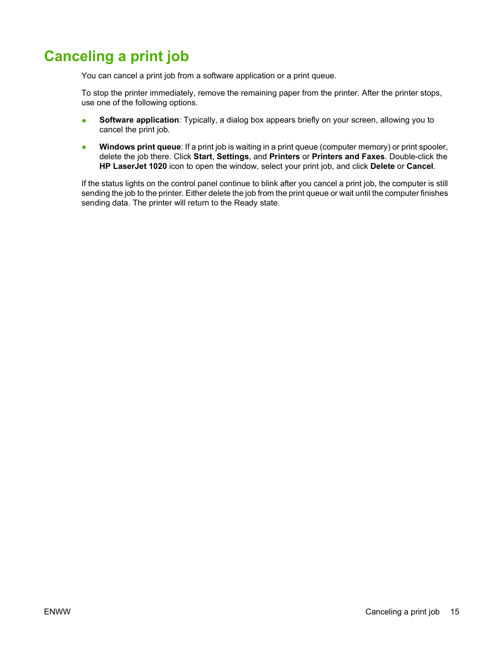 Canceling a print job | HP LaserJet 1020 Plus Printer User Manual | Page 25 / 114