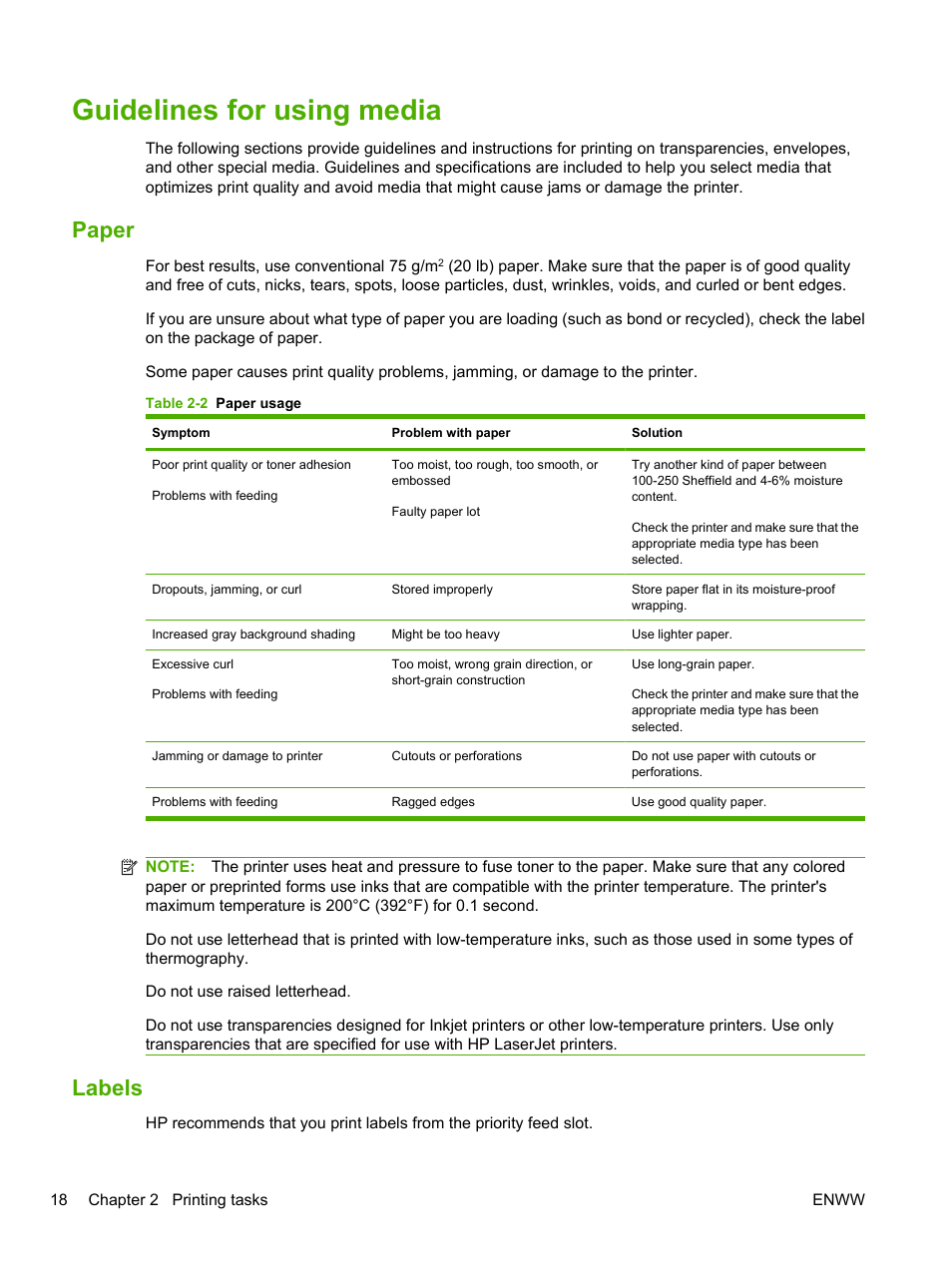 Guidelines for using media, Paper, Labels | Paper labels | HP LaserJet 1020 Plus Printer User Manual | Page 28 / 114