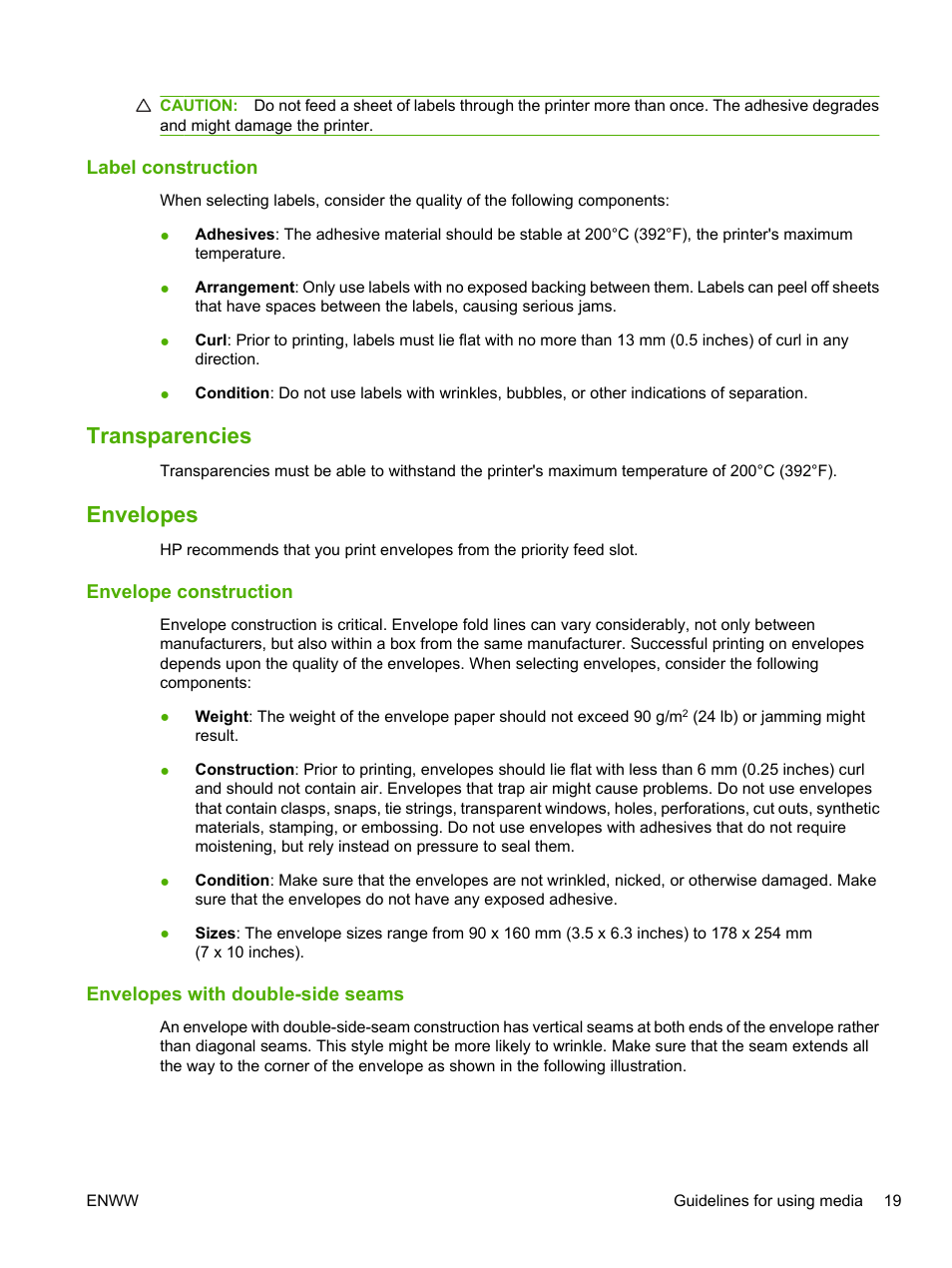 Label construction, Transparencies, Envelopes | Envelope construction, Envelopes with double-side seams, Transparencies envelopes | HP LaserJet 1020 Plus Printer User Manual | Page 29 / 114