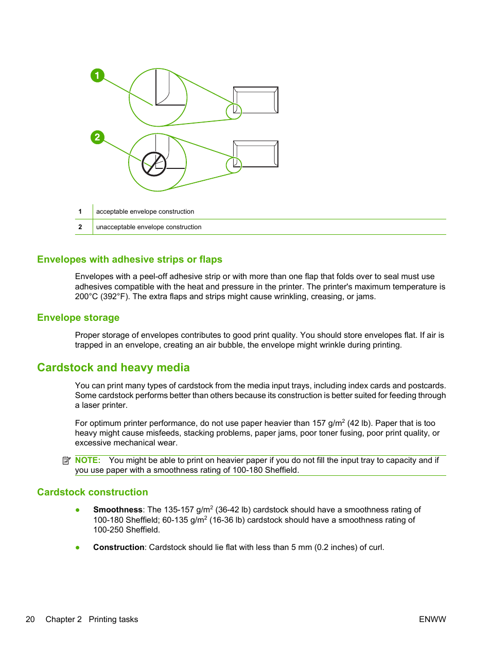 Envelopes with adhesive strips or flaps, Envelope storage, Cardstock and heavy media | Cardstock construction | HP LaserJet 1020 Plus Printer User Manual | Page 30 / 114