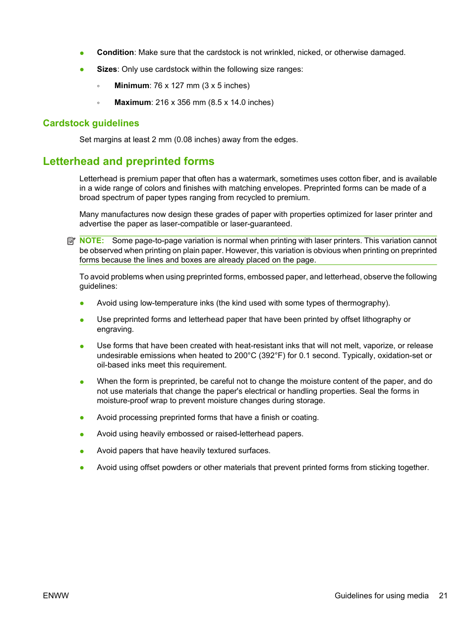 Cardstock guidelines, Letterhead and preprinted forms | HP LaserJet 1020 Plus Printer User Manual | Page 31 / 114