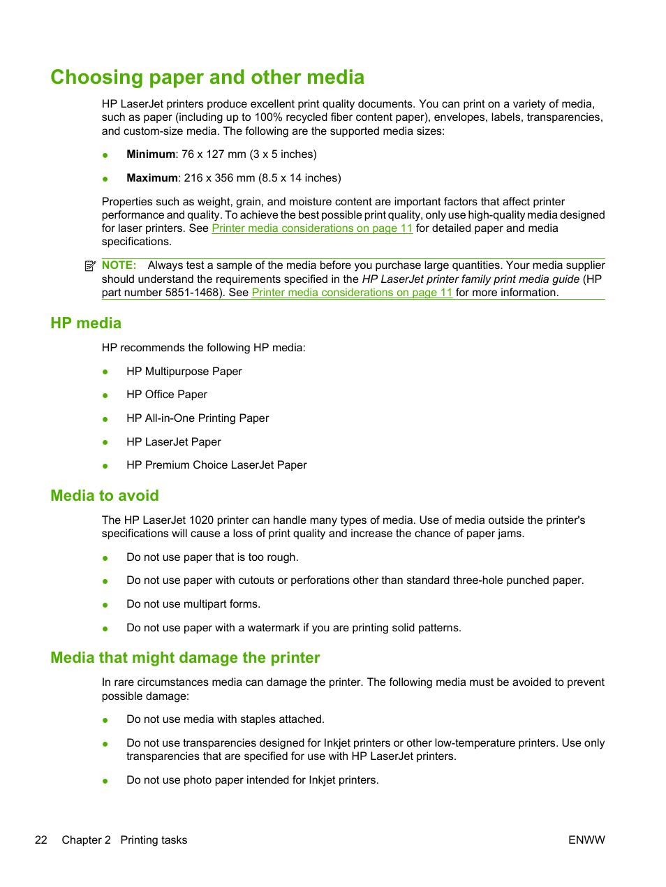 Choosing paper and other media, Hp media, Media to avoid | Media that might damage the printer | HP LaserJet 1020 Plus Printer User Manual | Page 32 / 114