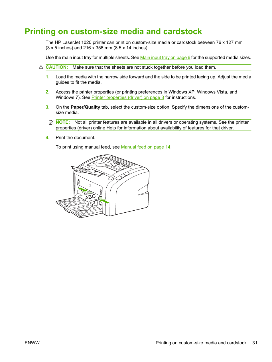 Printing on custom-size media and cardstock | HP LaserJet 1020 Plus Printer User Manual | Page 41 / 114