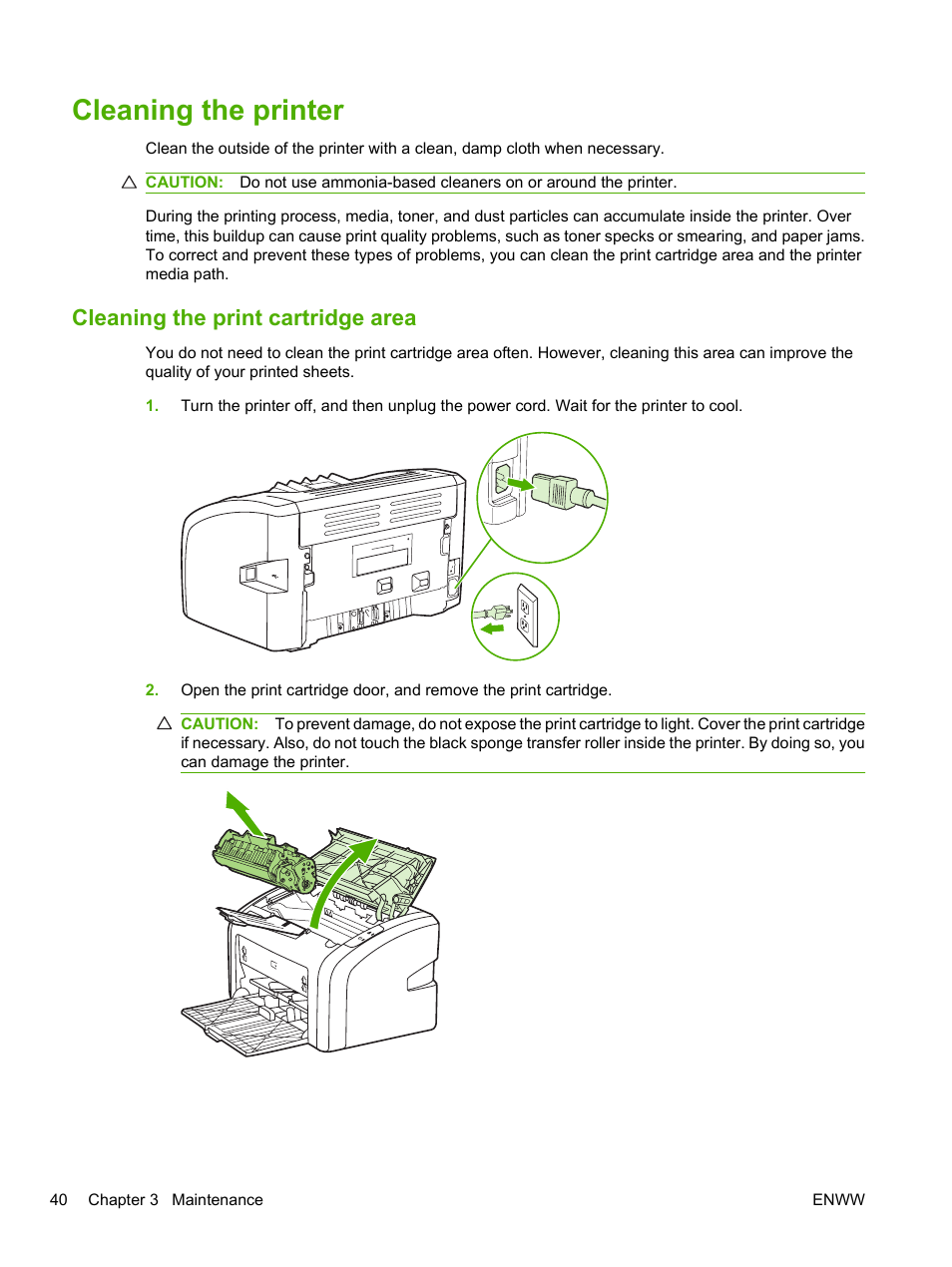 Cleaning the printer, Cleaning the print cartridge area | HP LaserJet 1020 Plus Printer User Manual | Page 50 / 114