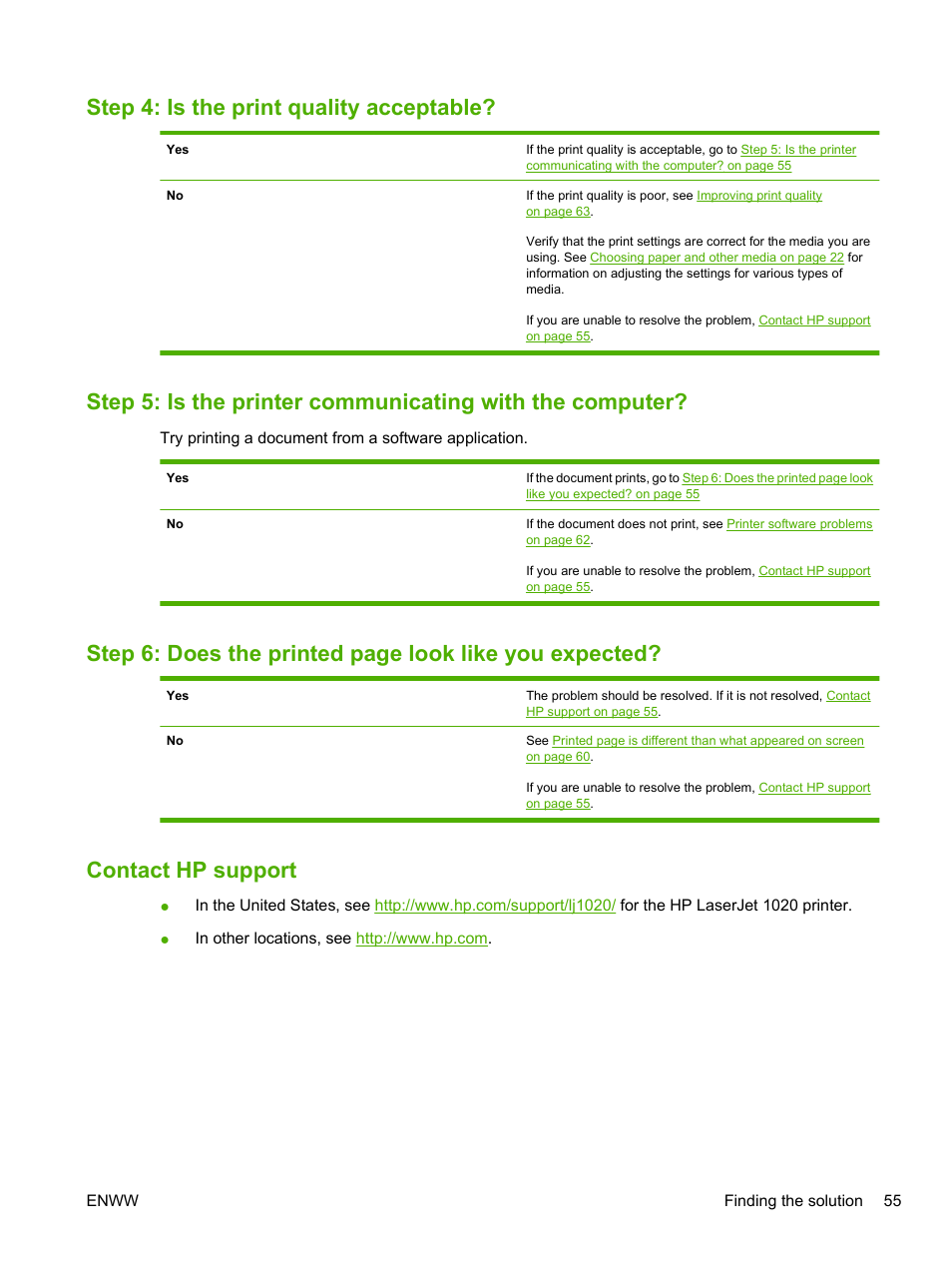 Step 4: is the print quality acceptable, Contact hp support, Step 4: is the print quality | HP LaserJet 1020 Plus Printer User Manual | Page 65 / 114