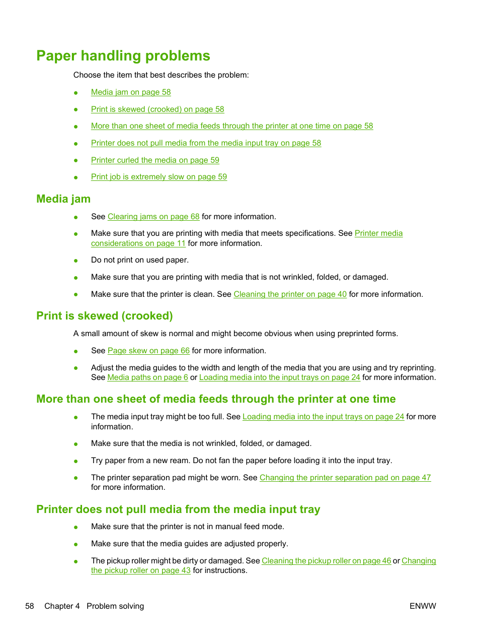 Paper handling problems, Media jam, Print is skewed (crooked) | HP LaserJet 1020 Plus Printer User Manual | Page 68 / 114