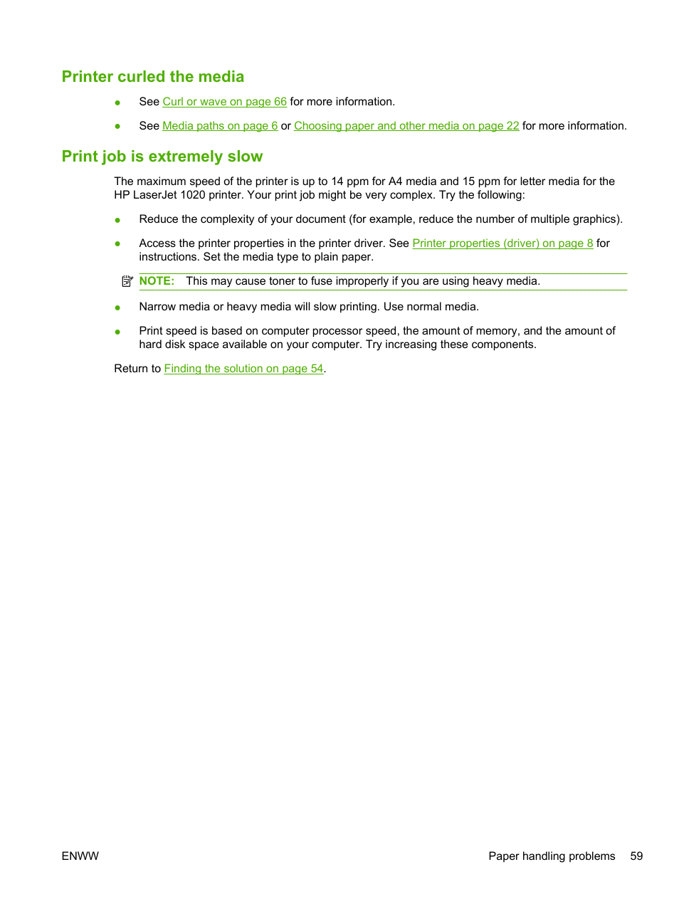 Printer curled the media, Print job is extremely slow | HP LaserJet 1020 Plus Printer User Manual | Page 69 / 114