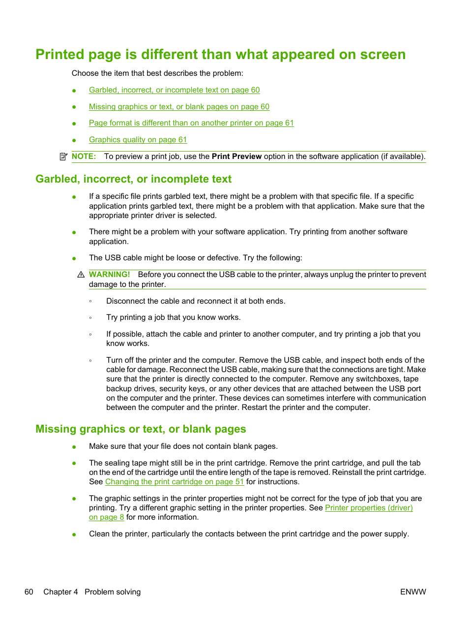 Garbled, incorrect, or incomplete text, Missing graphics or text, or blank pages | HP LaserJet 1020 Plus Printer User Manual | Page 70 / 114