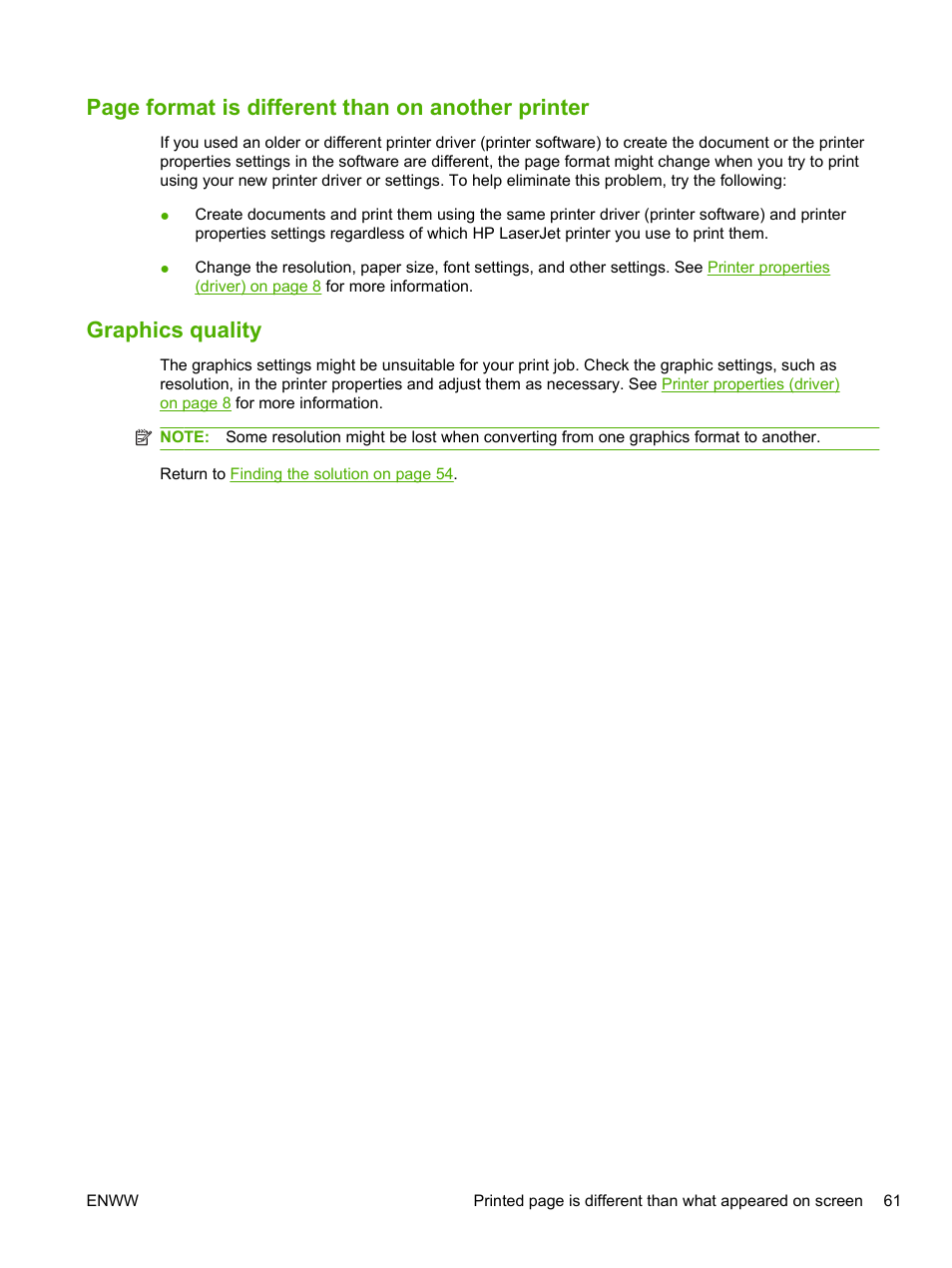 Graphics quality, Page format is different than on another printer | HP LaserJet 1020 Plus Printer User Manual | Page 71 / 114