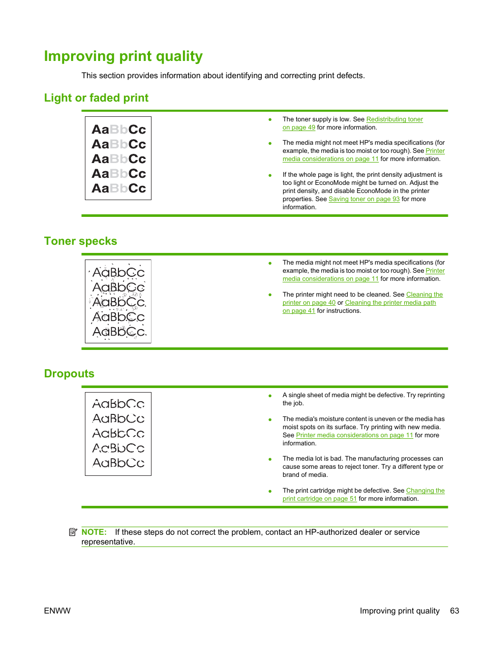 Improving print quality, Light or faded print, Toner specks | Dropouts, Light or faded print toner specks dropouts | HP LaserJet 1020 Plus Printer User Manual | Page 73 / 114