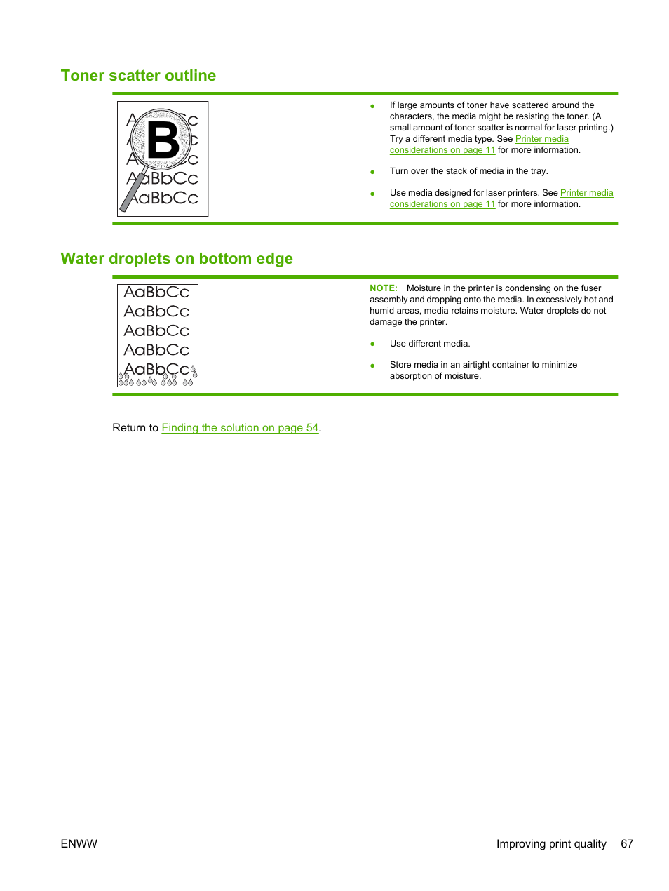 Toner scatter outline, Water droplets on bottom edge | HP LaserJet 1020 Plus Printer User Manual | Page 77 / 114