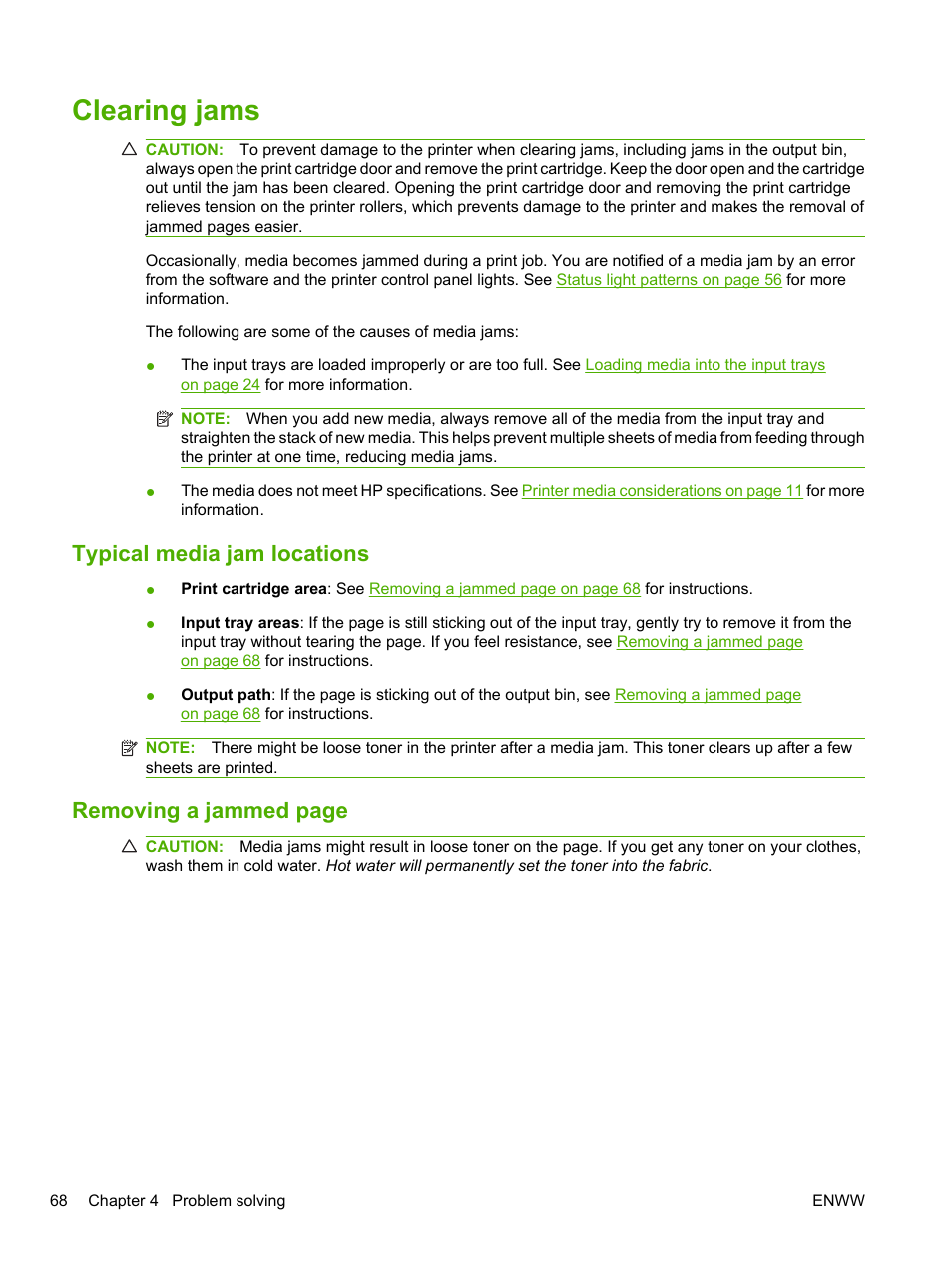 Clearing jams, Typical media jam locations, Removing a jammed page | HP LaserJet 1020 Plus Printer User Manual | Page 78 / 114