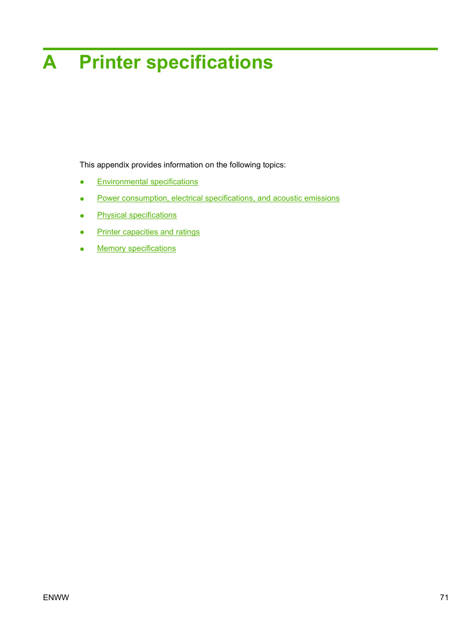 Printer specifications, Appendix a printer specifications, Aprinter specifications | HP LaserJet 1020 Plus Printer User Manual | Page 81 / 114