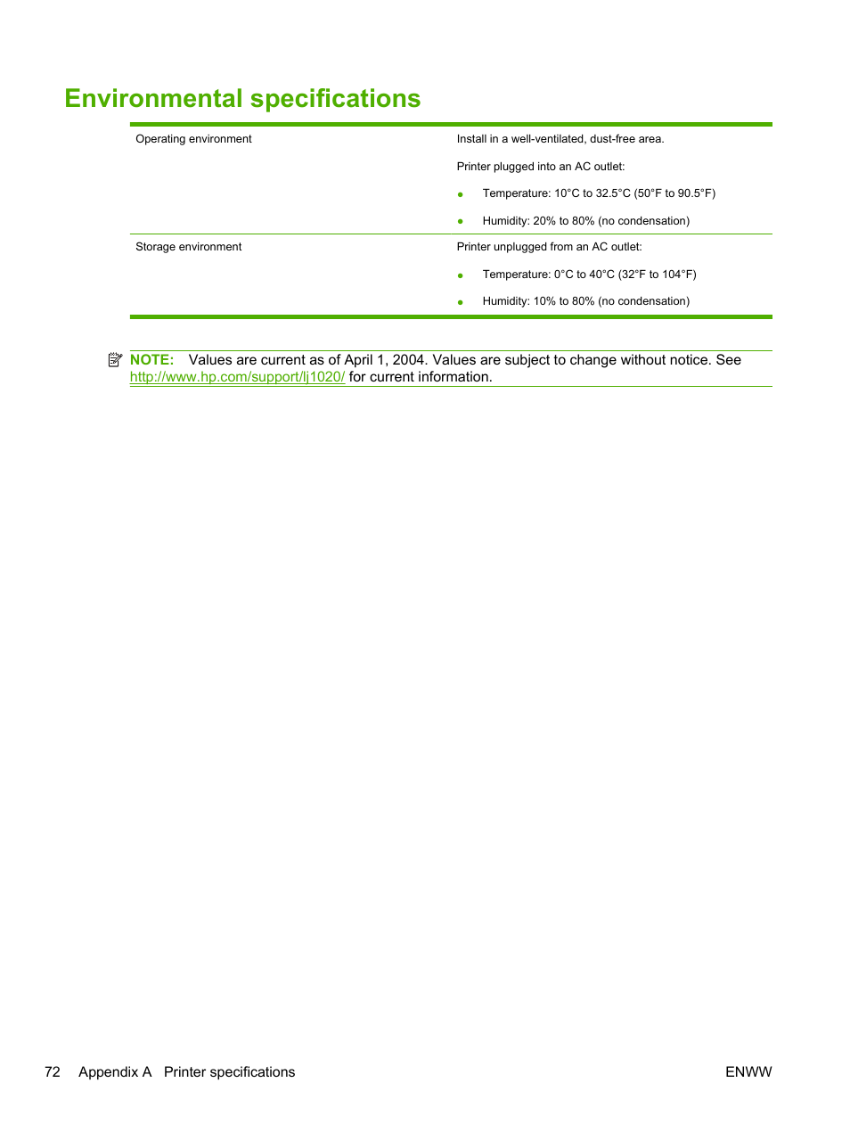 Environmental specifications | HP LaserJet 1020 Plus Printer User Manual | Page 82 / 114