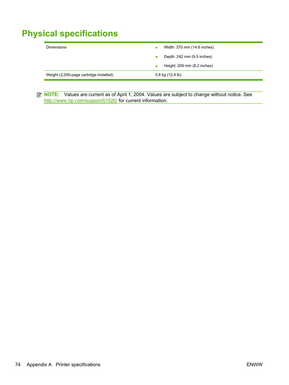 Physical specifications | HP LaserJet 1020 Plus Printer User Manual | Page 84 / 114