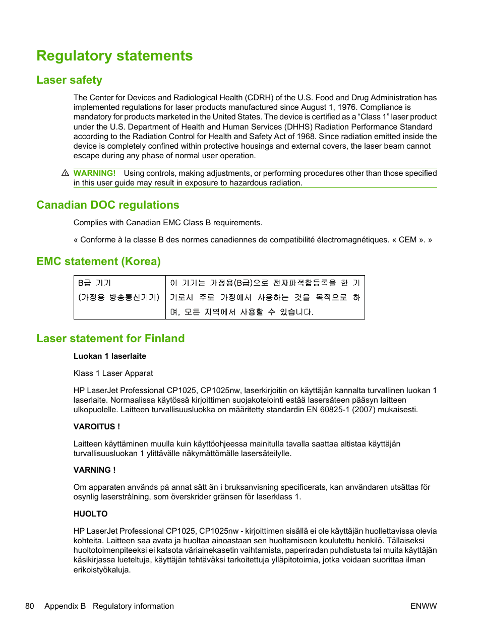 Regulatory statements, Laser safety, Canadian doc regulations | Emc statement (korea), Laser statement for finland, Emc statement (korea) laser statement for finland | HP LaserJet 1020 Plus Printer User Manual | Page 90 / 114