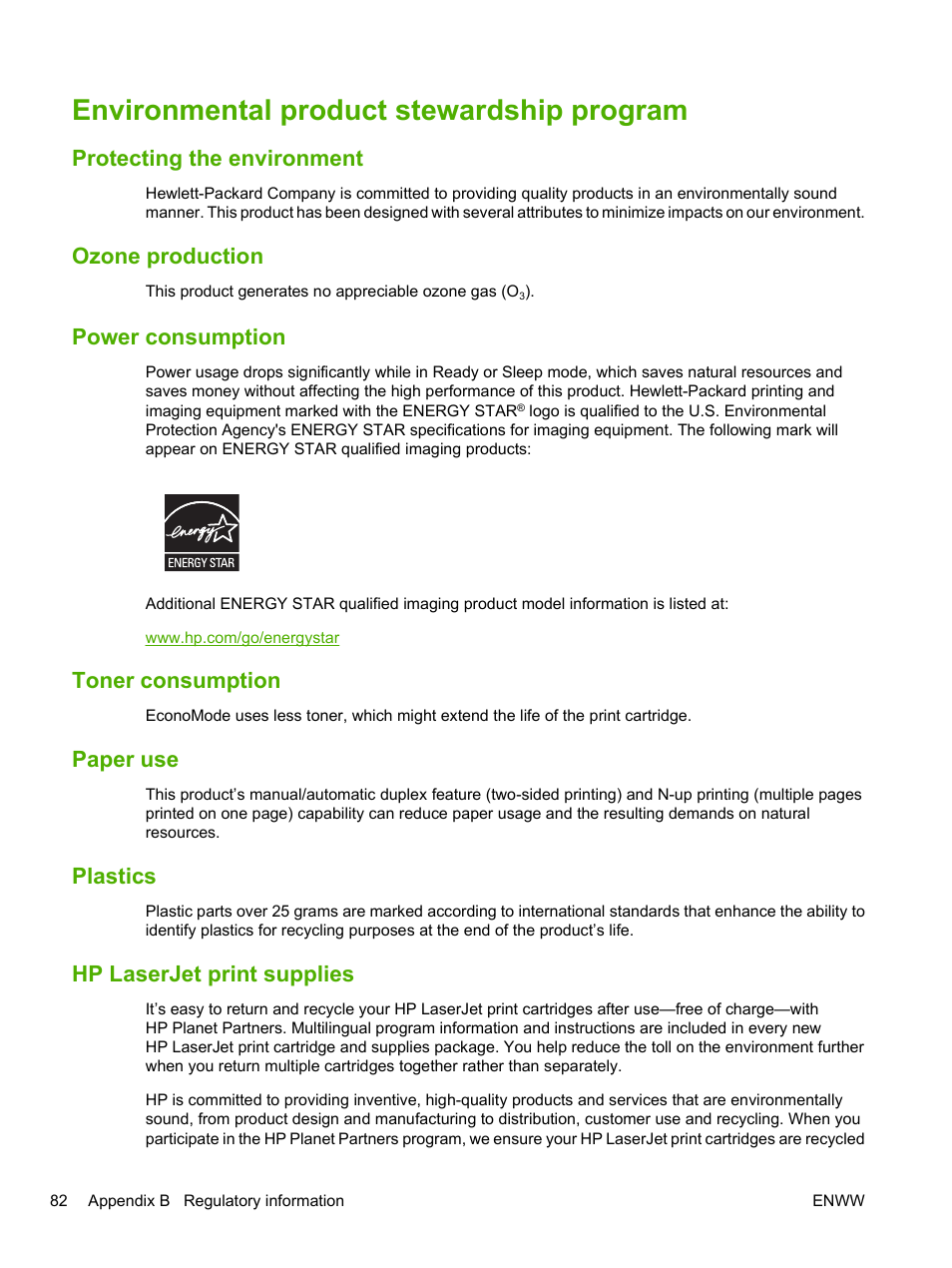 Environmental product stewardship program, Protecting the environment, Ozone production | Power consumption, Toner consumption, Paper use, Plastics, Hp laserjet print supplies | HP LaserJet 1020 Plus Printer User Manual | Page 92 / 114