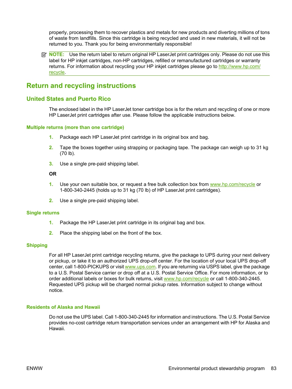 Return and recycling instructions, United states and puerto rico, Multiple returns (more than one cartridge) | Single returns, Shipping, Residents of alaska and hawaii | HP LaserJet 1020 Plus Printer User Manual | Page 93 / 114