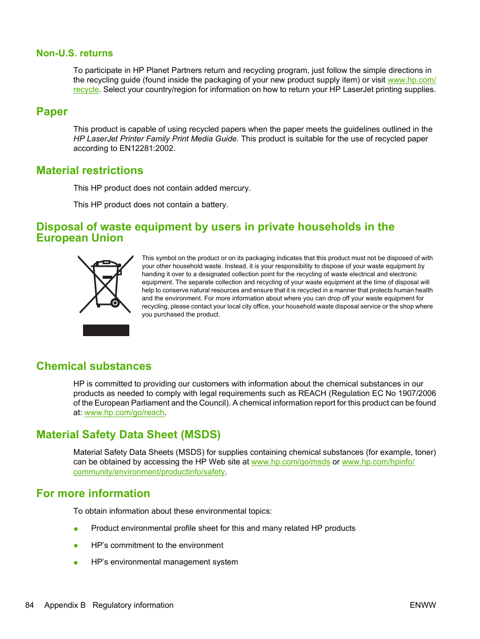 Non-u.s. returns, Paper, Material restrictions | Chemical substances, Material safety data sheet (msds), For more information | HP LaserJet 1020 Plus Printer User Manual | Page 94 / 114