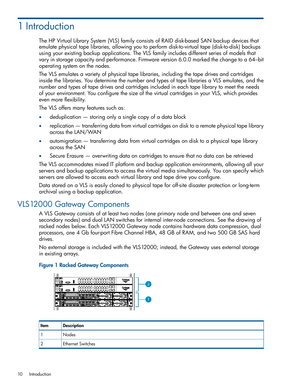 1 introduction, Vls12000 gateway components | HP 12000 Virtual Library System EVA Gateway User Manual | Page 10 / 207