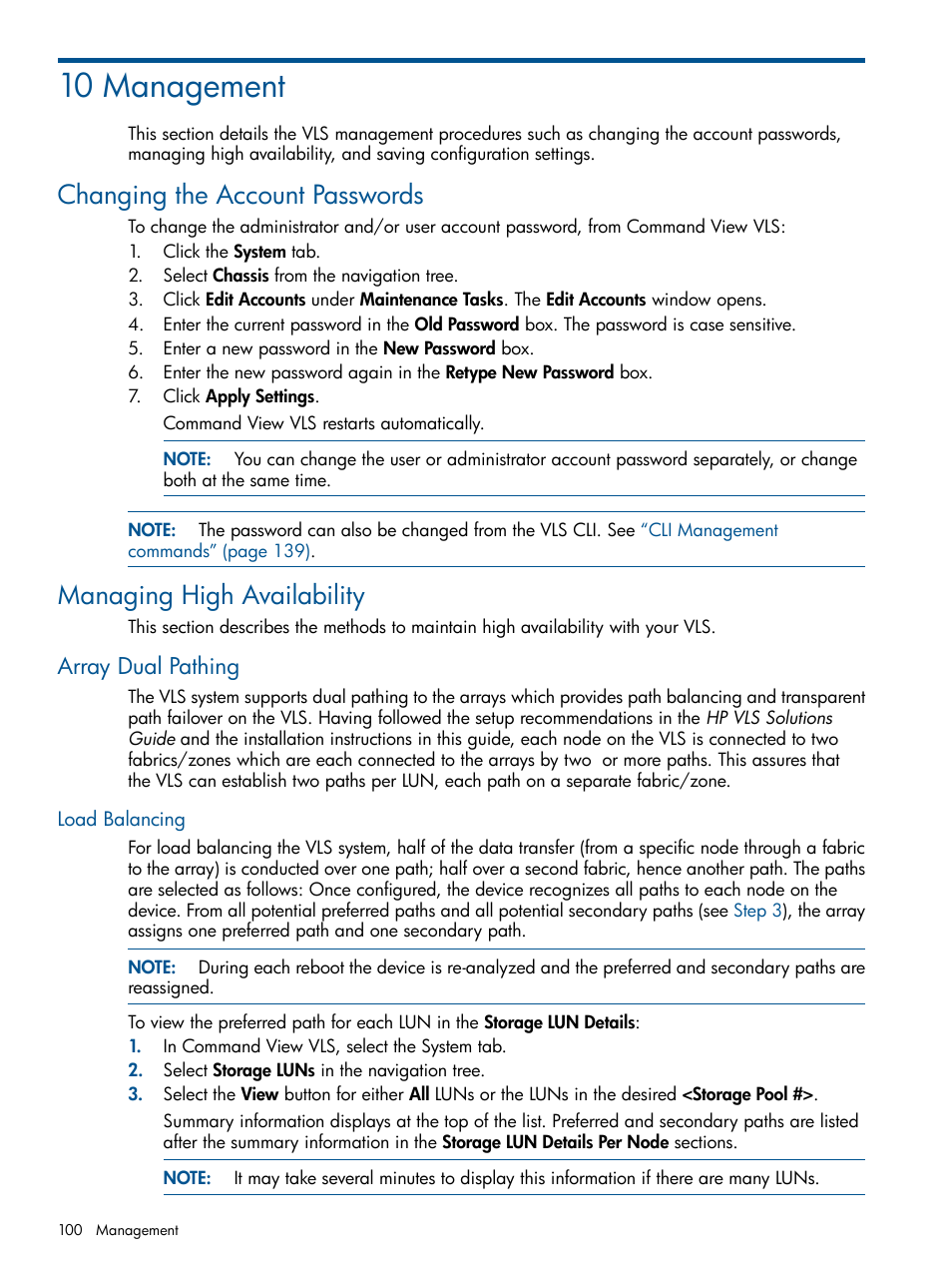 10 management, Changing the account passwords, Managing high availability | Array dual pathing, Load balancing, Array dual | HP 12000 Virtual Library System EVA Gateway User Manual | Page 100 / 207