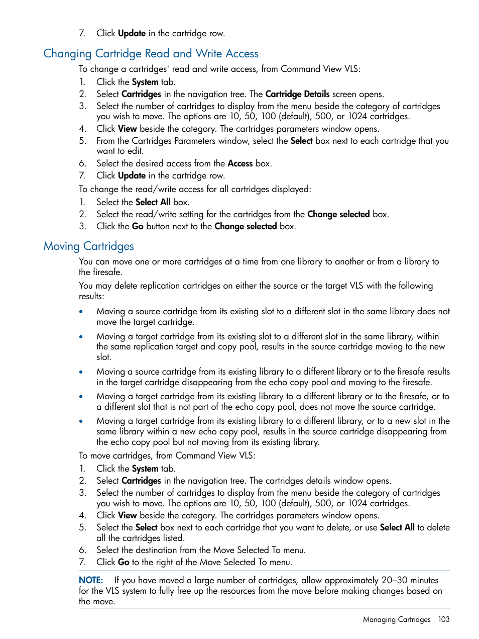 Changing cartridge read and write access, Moving cartridges | HP 12000 Virtual Library System EVA Gateway User Manual | Page 103 / 207