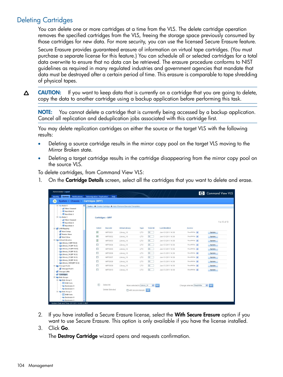 Deleting cartridges | HP 12000 Virtual Library System EVA Gateway User Manual | Page 104 / 207