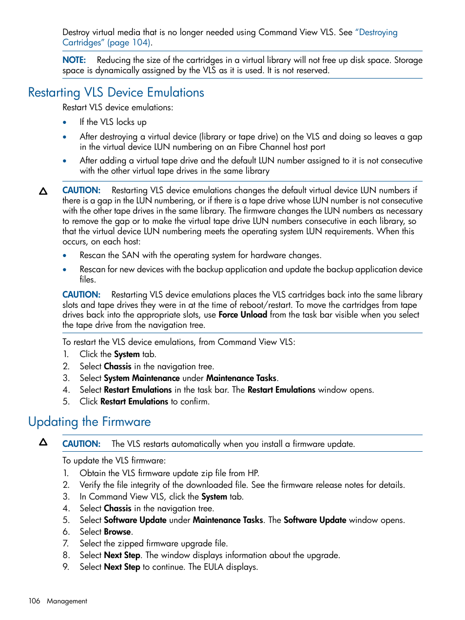 Restarting vls device emulations, Updating the firmware | HP 12000 Virtual Library System EVA Gateway User Manual | Page 106 / 207