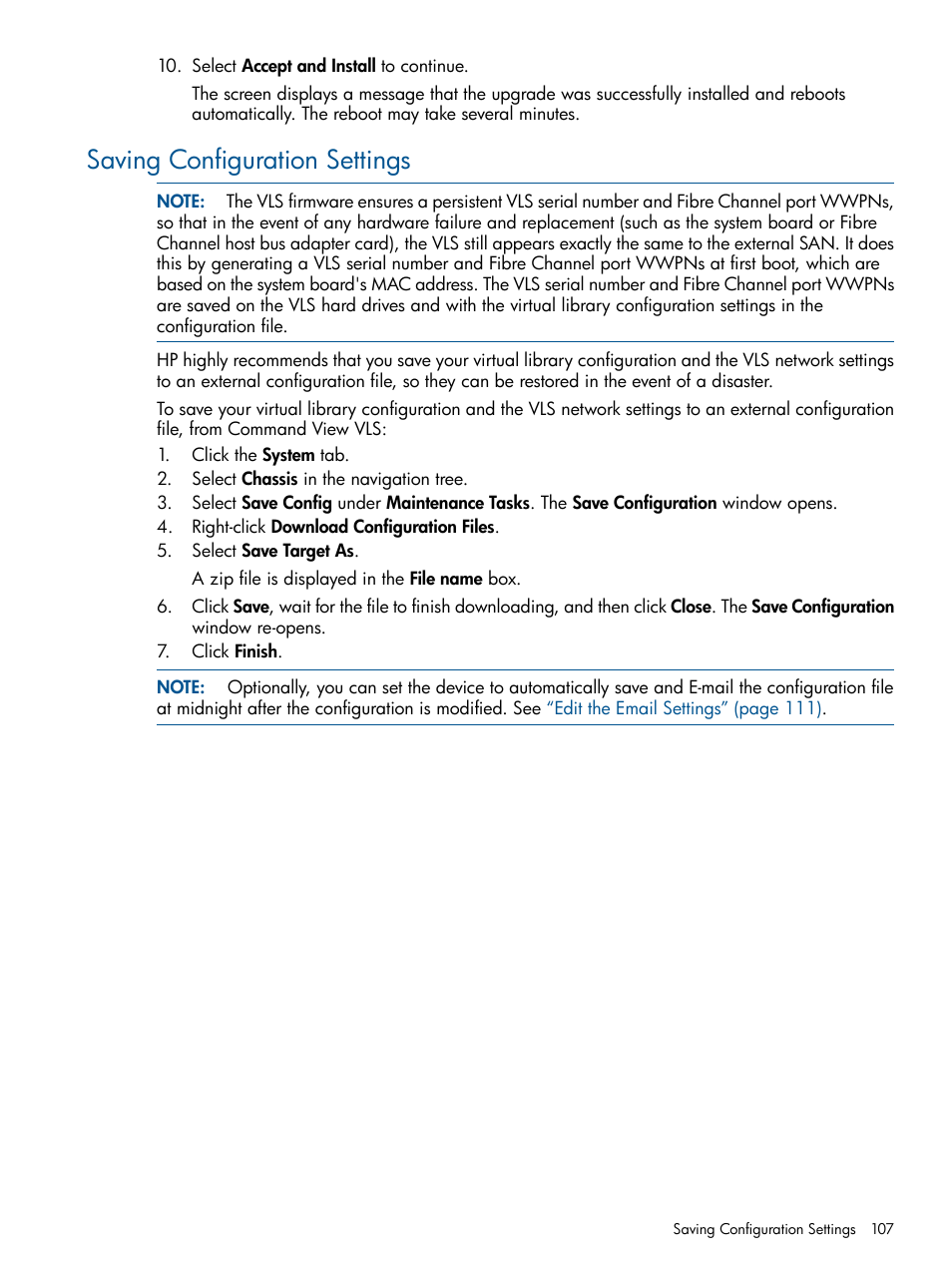 Saving configuration settings | HP 12000 Virtual Library System EVA Gateway User Manual | Page 107 / 207