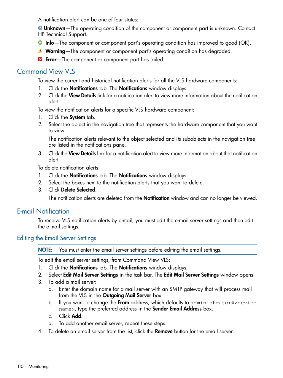 Command view vls, E-mail notification, Editing the email server settings | Command view vls e-mail notification | HP 12000 Virtual Library System EVA Gateway User Manual | Page 110 / 207