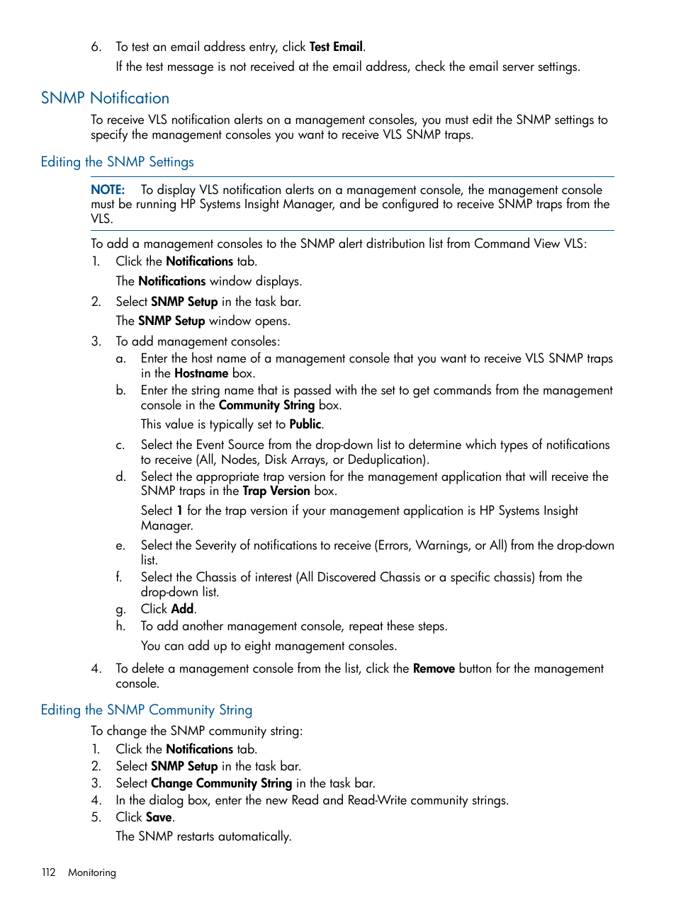 Snmp notification, Editing the snmp settings, Editing the snmp community string | HP 12000 Virtual Library System EVA Gateway User Manual | Page 112 / 207