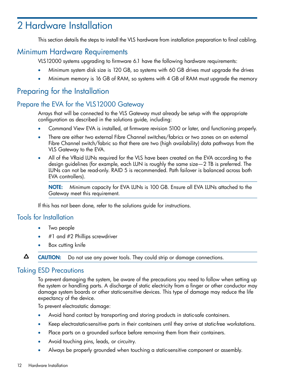 2 hardware installation, Minimum hardware requirements, Preparing for the installation | Prepare the eva for the vls12000 gateway, Tools for installation, Taking esd precautions | HP 12000 Virtual Library System EVA Gateway User Manual | Page 12 / 207