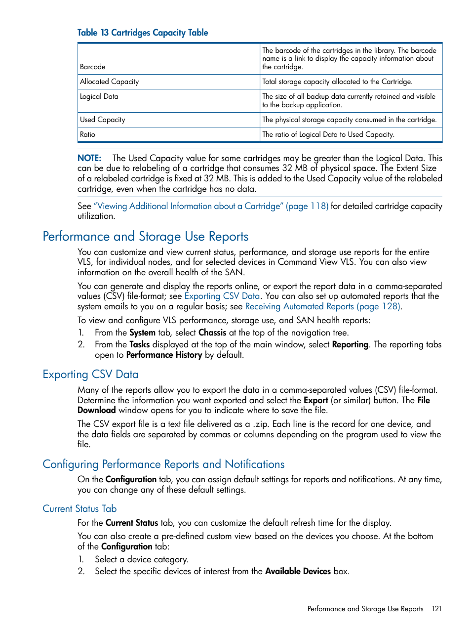 Performance and storage use reports, Exporting csv data, Configuring performance reports and notifications | Current status tab | HP 12000 Virtual Library System EVA Gateway User Manual | Page 121 / 207