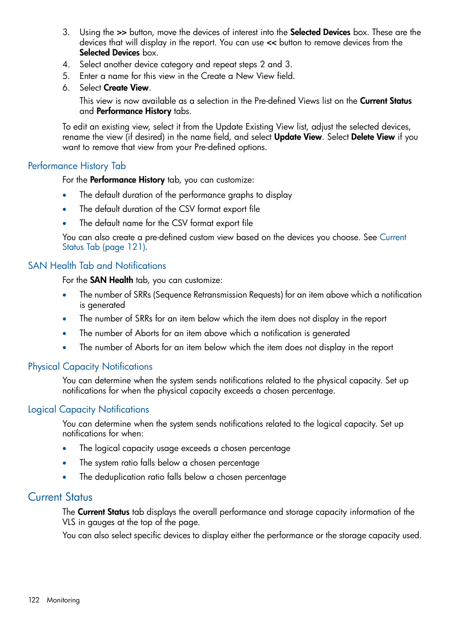 Performance history tab, San health tab and notifications, Physical capacity notifications | Logical capacity notifications, Current status | HP 12000 Virtual Library System EVA Gateway User Manual | Page 122 / 207