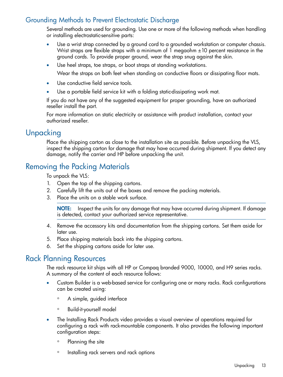 Unpacking, Removing the packing materials, Rack planning resources | HP 12000 Virtual Library System EVA Gateway User Manual | Page 13 / 207