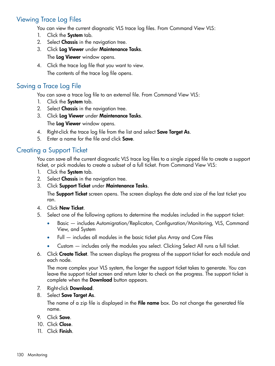 Viewing trace log files, Saving a trace log file, Creating a support ticket | HP 12000 Virtual Library System EVA Gateway User Manual | Page 130 / 207