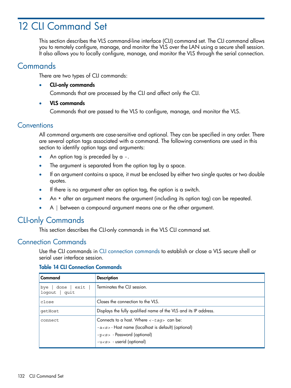 12 cli command set, Commands, Conventions | Cli-only commands, Connection commands | HP 12000 Virtual Library System EVA Gateway User Manual | Page 132 / 207
