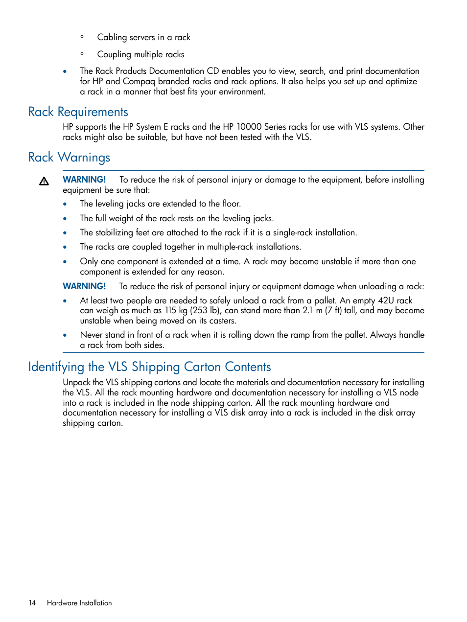 Rack requirements, Rack warnings, Identifying the vls shipping carton contents | HP 12000 Virtual Library System EVA Gateway User Manual | Page 14 / 207