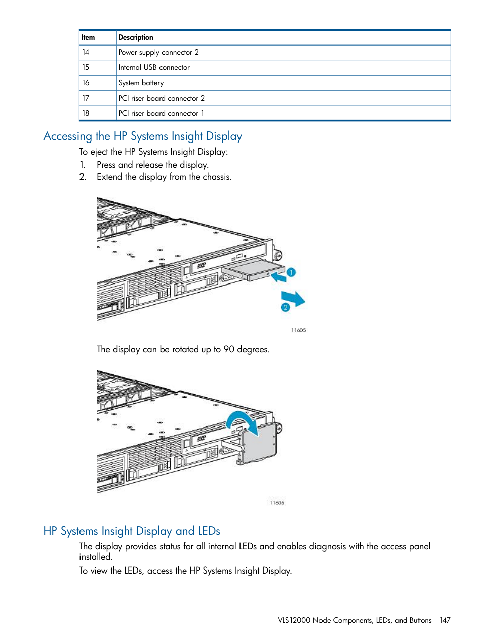 Accessing the hp systems insight display, Hp systems insight display and leds | HP 12000 Virtual Library System EVA Gateway User Manual | Page 147 / 207