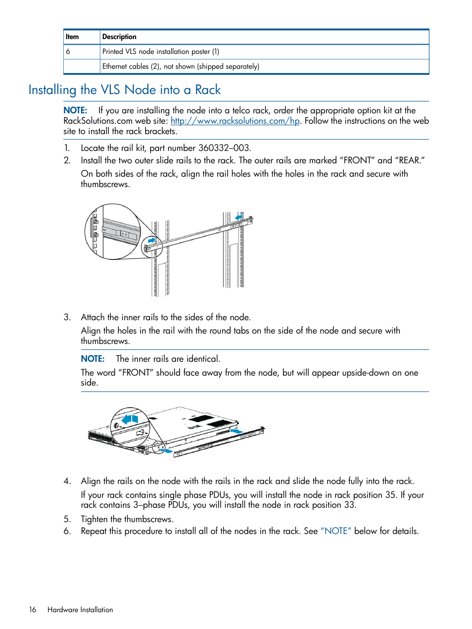 Installing the vls node into a rack | HP 12000 Virtual Library System EVA Gateway User Manual | Page 16 / 207