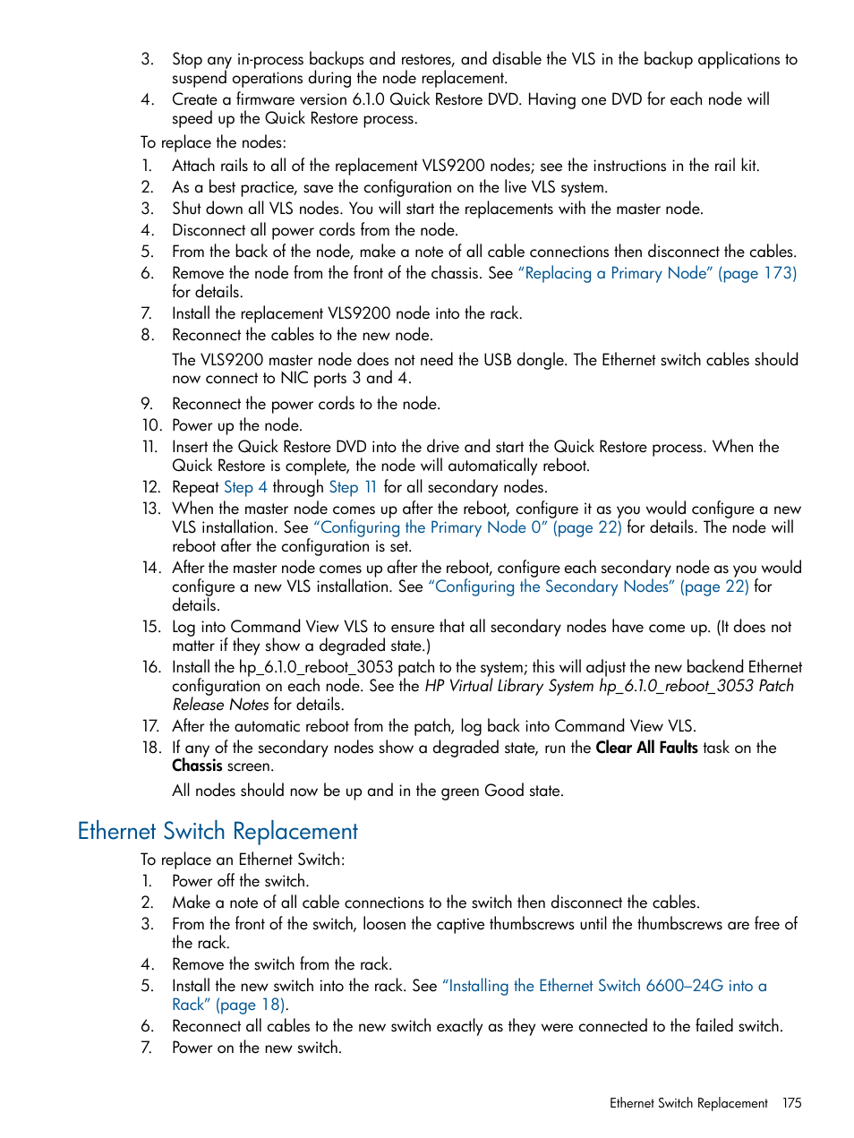 Ethernet switch replacement | HP 12000 Virtual Library System EVA Gateway User Manual | Page 175 / 207