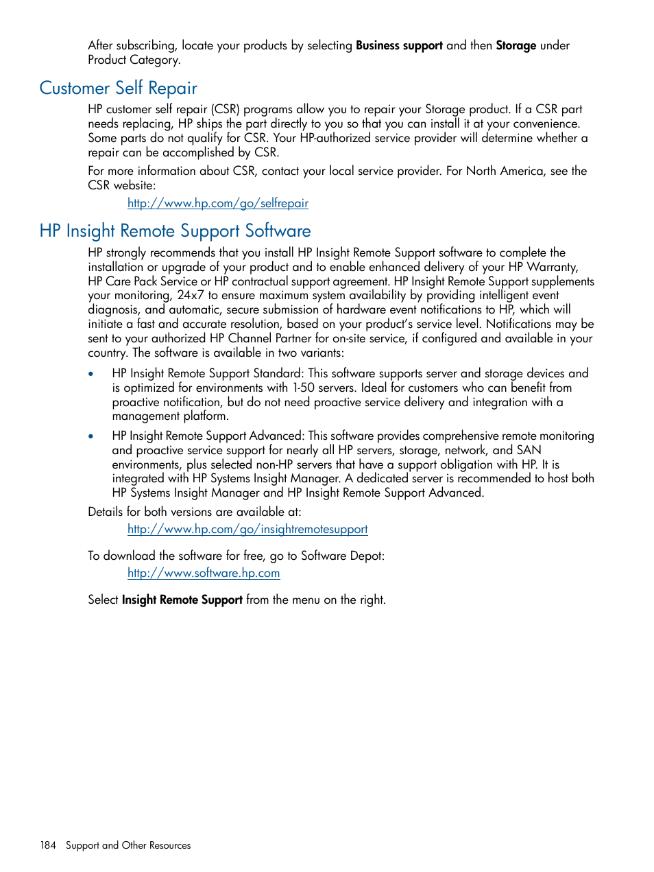Customer self repair, Hp insight remote support software | HP 12000 Virtual Library System EVA Gateway User Manual | Page 184 / 207