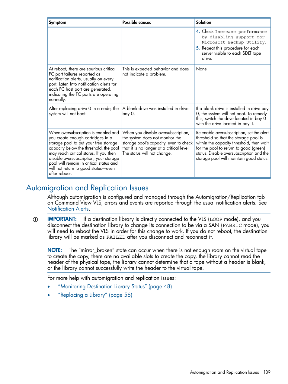 Automigration and replication issues | HP 12000 Virtual Library System EVA Gateway User Manual | Page 189 / 207