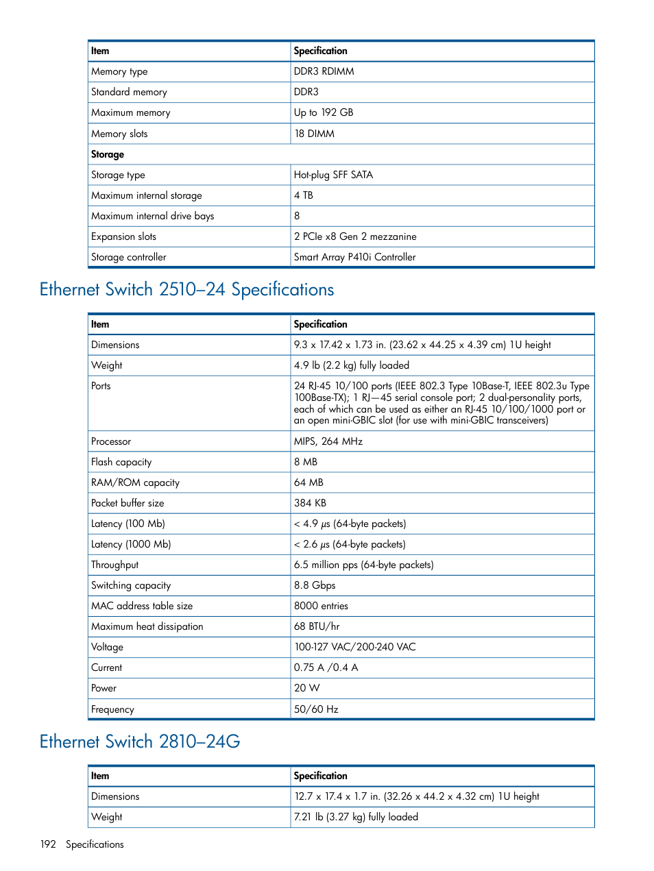 Ethernet switch 2510–24 specifications, Ethernet switch 2810–24g | HP 12000 Virtual Library System EVA Gateway User Manual | Page 192 / 207