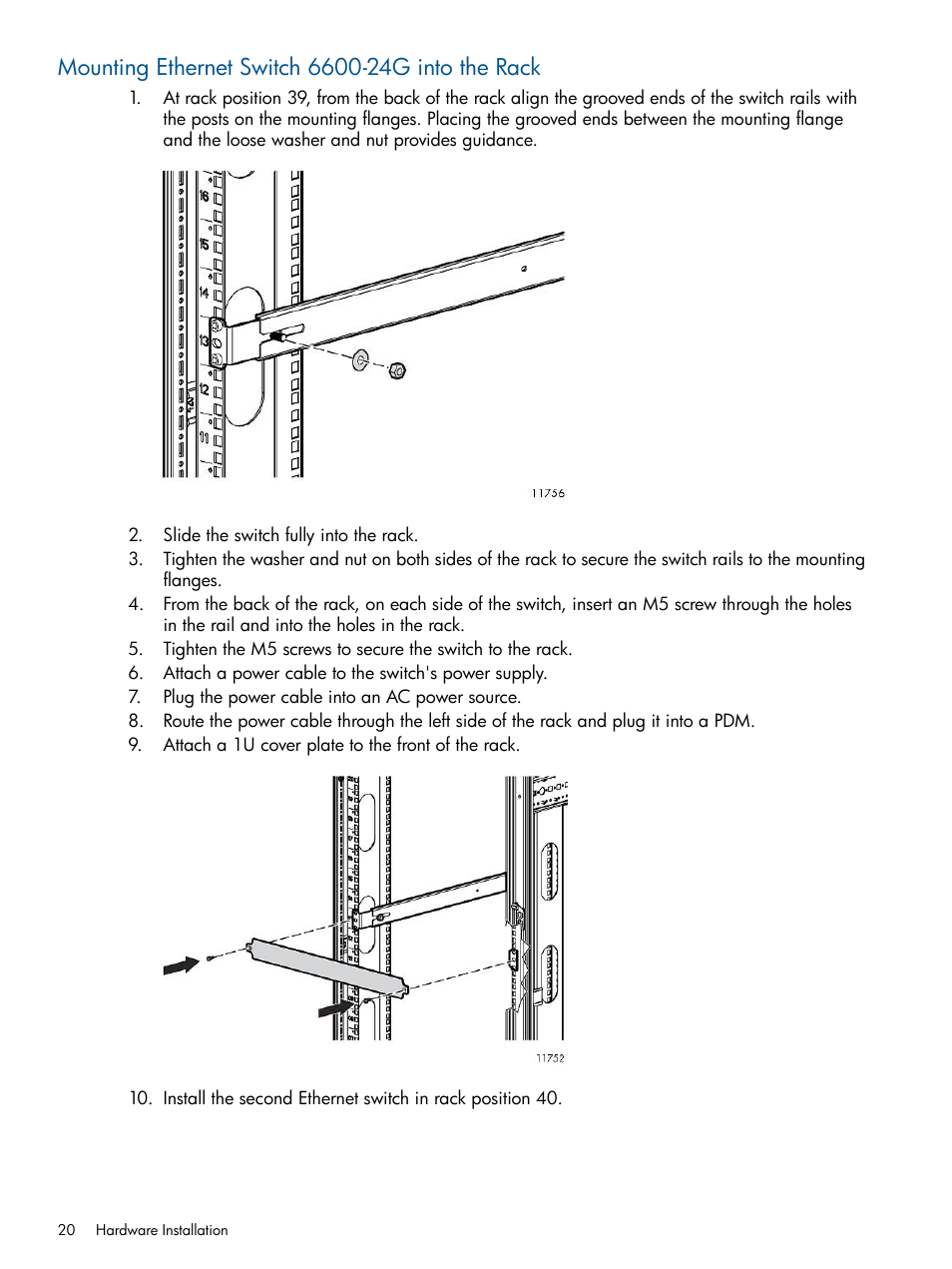 Mounting ethernet switch 6600-24g into the rack | HP 12000 Virtual Library System EVA Gateway User Manual | Page 20 / 207