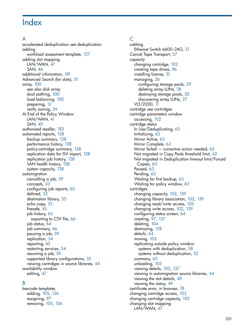 Index | HP 12000 Virtual Library System EVA Gateway User Manual | Page 201 / 207