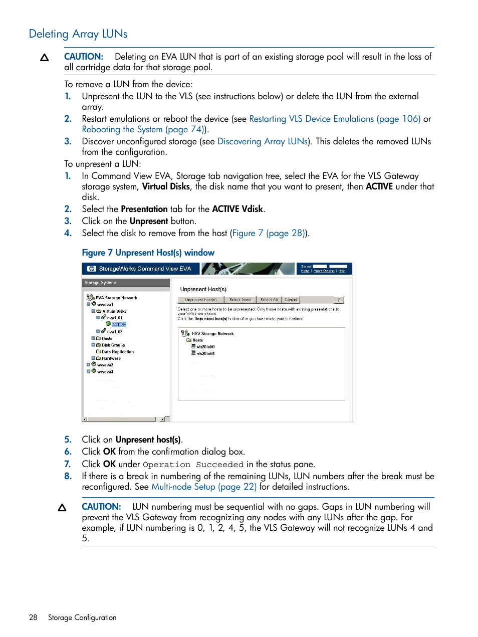 Deleting array luns, Deleting array, Luns | HP 12000 Virtual Library System EVA Gateway User Manual | Page 28 / 207