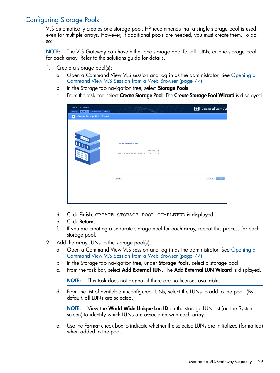 Configuring storage pools | HP 12000 Virtual Library System EVA Gateway User Manual | Page 29 / 207