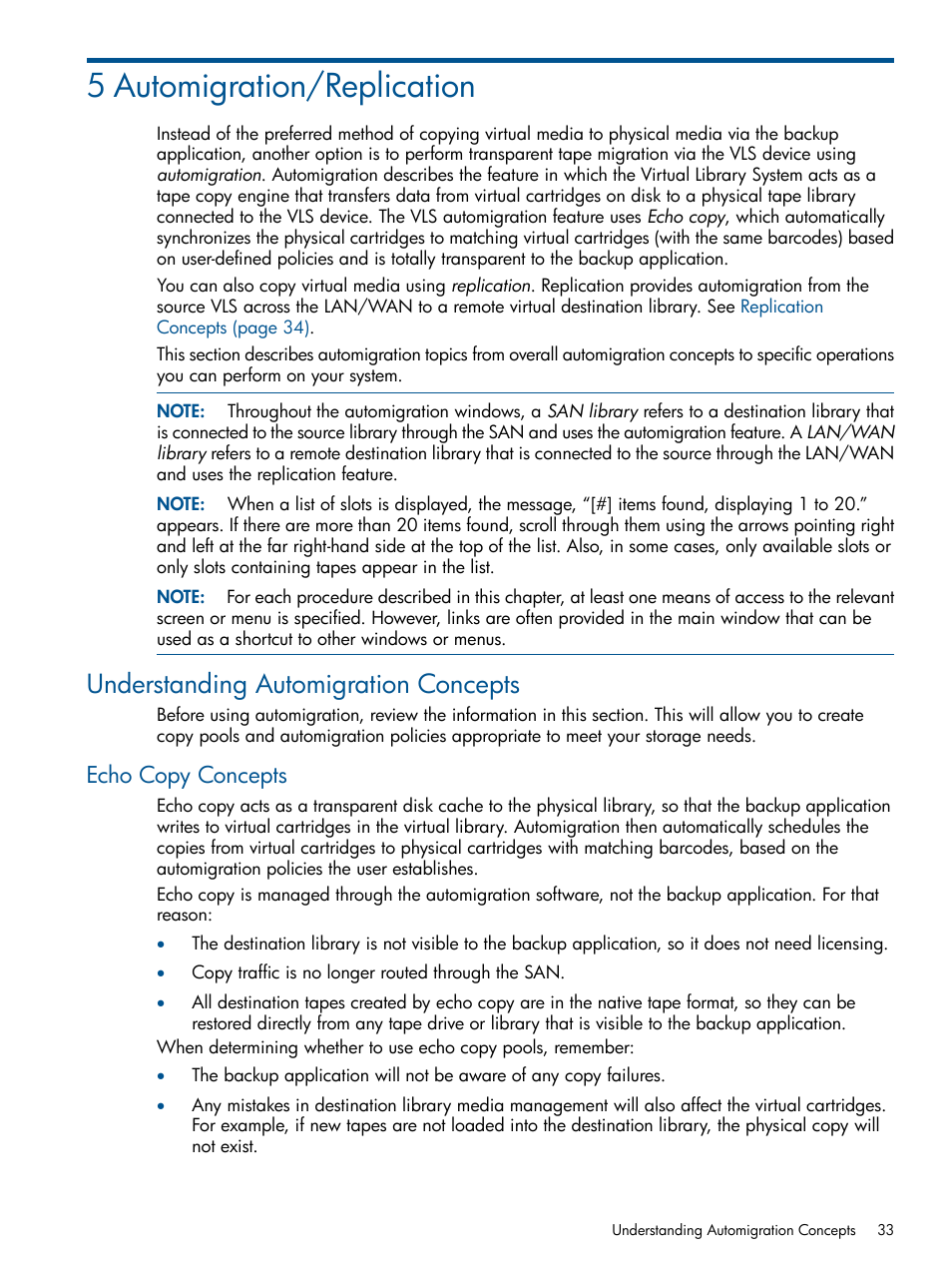 5 automigration/replication, Understanding automigration concepts, Echo copy concepts | HP 12000 Virtual Library System EVA Gateway User Manual | Page 33 / 207